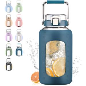 84oz Glass Water Bottle with Stainless Steel Handle,2.5L Gallon Water Bottle with 2-IN-1 Straw Lid, Silicone Sleeve and Motivational Capacity Marker, Wide Mouth Water Jug For Gym, Dark Blue