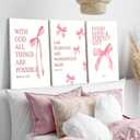 Coquette Pink Bow Canvas Wall Art Set of 3, Inspirational Bible Verses Decor Posters Pictures Prints Aesthetic for Girls Room College Apartment Living Room Bedroom Framed 24x16 Inch, 24L x 16W Wrapped Canvas