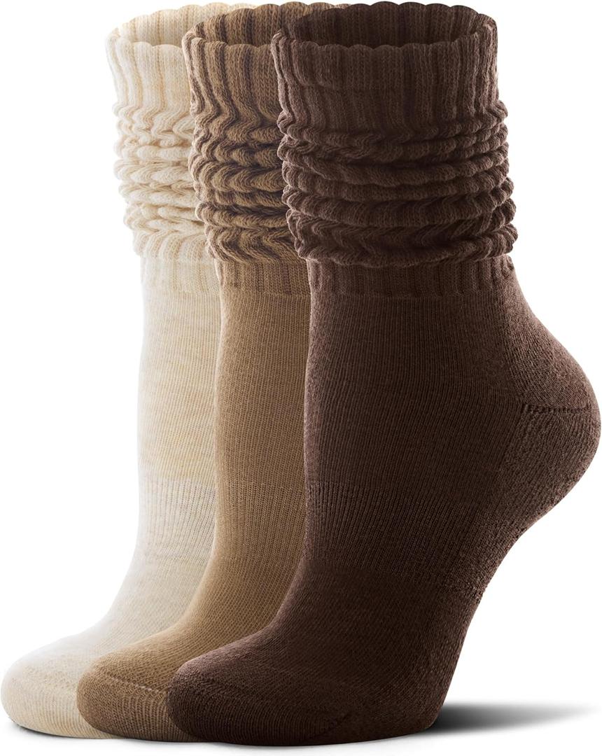 FITRELL Slouch Socks for Women, 3 Pairs Soft Cotton Knee High Scrunch Tube Boot Socks (6-8, Khaki+Light Brown+Dark Brown)