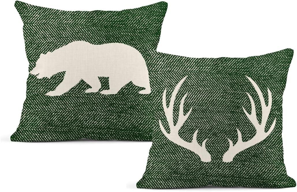 Throw Pillow Covers Set of 2, Green and White Rustic Deer Bear Farmhouse Home Decorative Throw Pillow Cases Cushion Covers for Sofa Couch Bed, 18x18 Inch