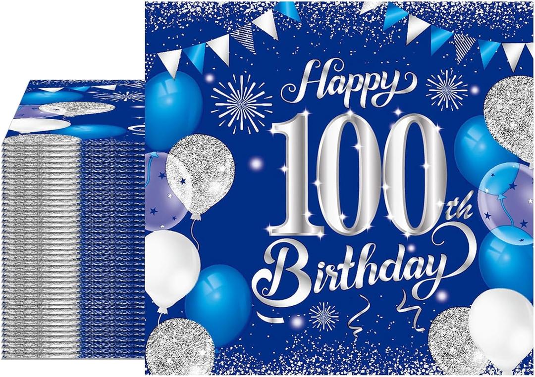100th Birthday Decorations for Men Navy 40 PCS Blue Silver 100th Birthday Napkins for Happy 100th Theme Party Decorations Supplies