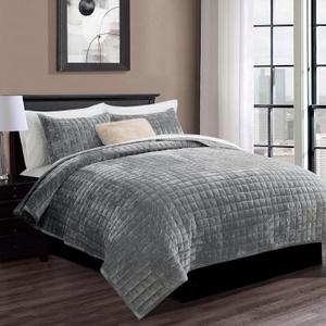 RECYCO Luxury Velvet Quilt Set Full Queen Size, Lightweight Velvet Comforter Set, Oversized Bedspread Coverlet Quilted Bedding Set, with 2 Matching Pillow Shams, for All Season, Gray