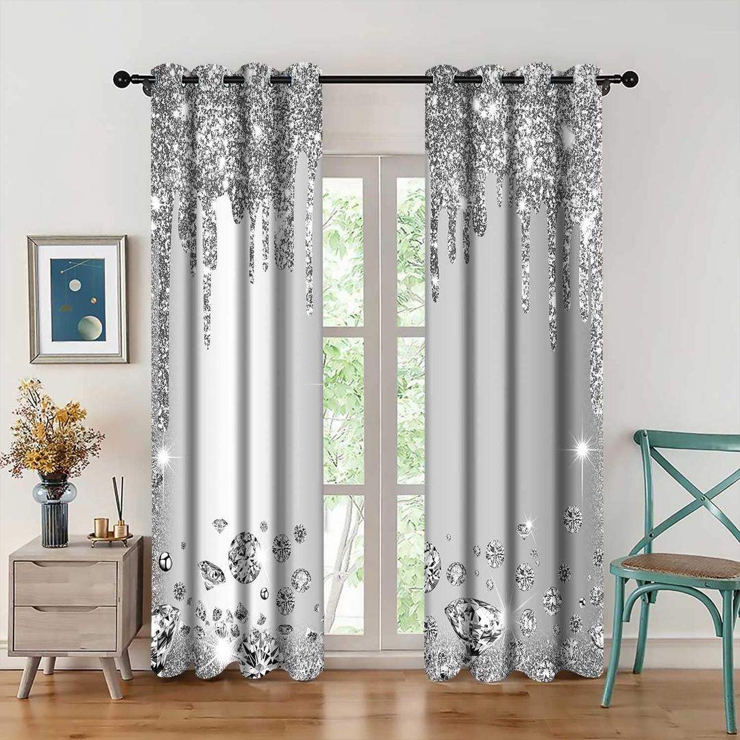 Sparkling Diamond Curtains Silver Shiny Drips Wall Decoration Inspiration Aart Blackout Curtains for Bedrooms Living Rooms Girls Bedroom 2 Panels 42x84inch CLZYMS52