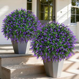 HyeFlora 26'' Artificial Topiary Boxwood Ball Trees with Lavender 2 Pack Fake Plants for Outdoor Indoor Artificial Shrubs with Ground Spike UV Resistant Fake Bushes for Front Porch Garden (Purple)