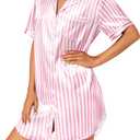 Vrtige Women's Satin Nightgown Button Down Sleepshirt Silk Short Sleeve Nightshirt Sleepwear Striped Pink X-Small