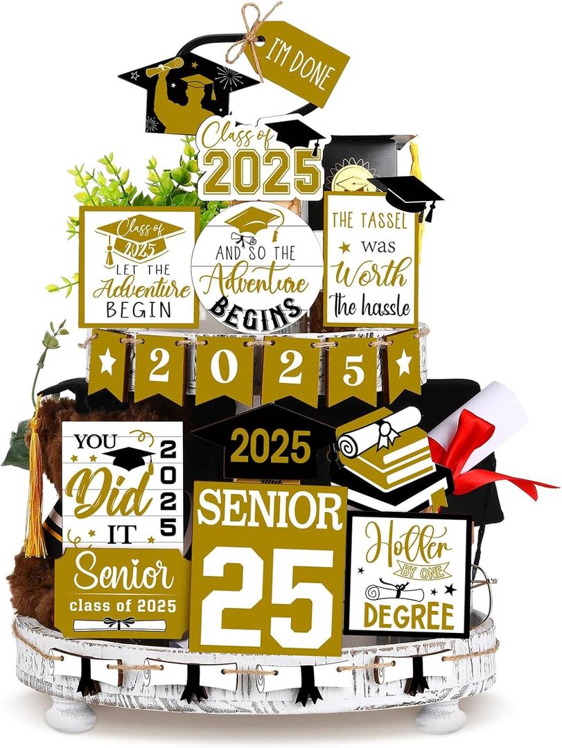 22 Pcs 2025 Graduation Tiered Tray Signs Sets Farmhouse Wooden Class of 2025 Graduation Signs for Home Party Tiered Tray Table Office Desk(Gold)