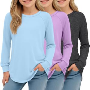 3 Pack Girls Long Sleeve Shirts Kids Crewneck Curve Hem Casual Tops Raglan Sleeve Athletic Comfy Pullover Tees (7-8 Years, Heather Gray, Light Blue, Taro Purple)