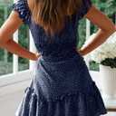 YOBECHO Womens Summer Ruffle Sleeve Sweetheart Neckline Printing Dress Mini Dresses (Blue, S)
