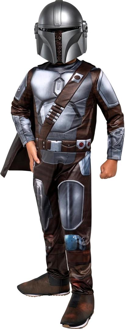 STAR WARS The Mandalorian Official Youth Halloween Costume - Premium Quality Padded Jumpsuit with Plastic Mask and Detachable Cape (M), Medium