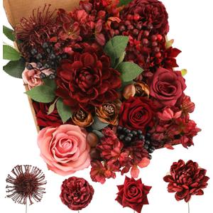 Floweroyal Artificial Flowers Combo Burgundy Flowers Mix Silk Flowers Dahlia Roses with Stems for DIY Wedding Bridal Bouquets, Baby Shower, Floral Arrangement, Table Centerpieces, Home Decorations.