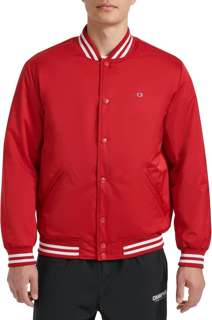 Champion Men's Logo Striped-trim Varsity Jacket (Large, Chili Pepper)