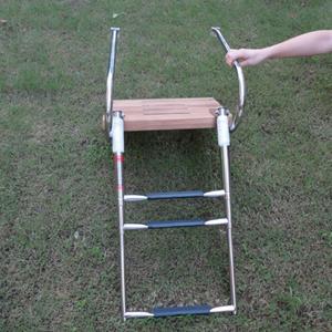 Telescoping 3-Step Swim Platform Ladder with Dual Handrails, Teak Stainless Steel Boat Boarding Ladder