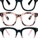 REAVEE 3 Pack Retro Oversized Reading Glasses for Women Blue Light Blocking Cute Square Computer Readers Spring Hinge (Black/Pink Leopard/Black Pink)