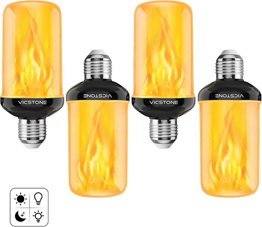 Vicstone Dusk to Dawn LED Flame Light Bulbs Outdoor, 4 Modes Flickering Light Bulbs with Upside Down Effect, E26 Fire Bulb for Halloween Christmas Party Patio Porch Home Indoor Decorations - 4