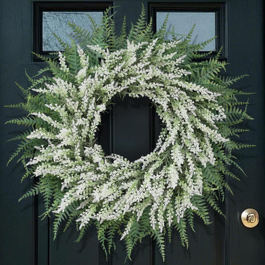26'' Lavender and Boston Ferns Wreath for Front Door - Large Artificial Greenery Outdoor Wreath for Porch,Window,Farmhouse,Home,Hanging Decor- Spring, Summer, All Seasons (White-Green)