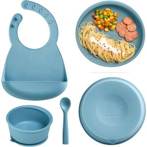 Silicone Baby Feeding Set, Self Feeding Baby Utensils with Suction Baby Bowl Plate Blue, 4 Pcs