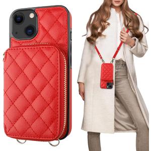 Bocasal Crossbody Wallet Case for iPhone 13, RFID Blocking PU Leather Zipper Handbag Purse Flip Cover, Kickstand Folio Case with Card Slots Holder Wrist Strap Lanyard 5G 6.1 Inch (Red)