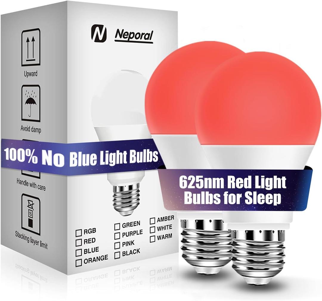 Neporal 625nm Red Light Bulbs for Sleep, 100% Blue Light Blocking Light Bulb, 9W Red Light Bulb for Melatonin Promoting, A19 60W Equivalent Dim Light Bulbs for Bedroom, Baby Nursery,2 Pack