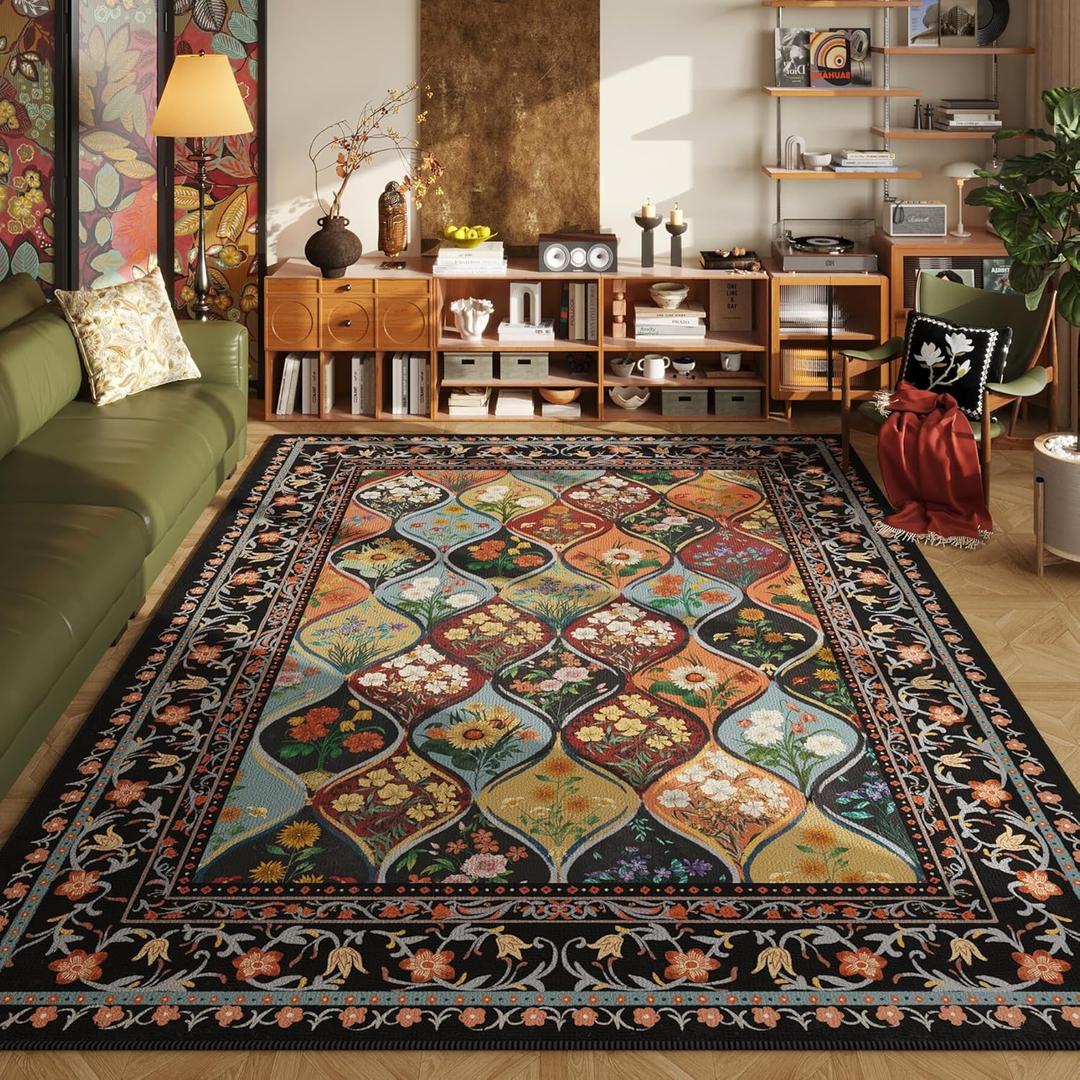 Bohemian Geometric Floral 8x10 Area Rugs, Machine Washable, Low Pile Soft Carpet, Non-Slip for Living Room, Bedroom, Dining Room, Farmhouse, Kids Playroom, Office | Black