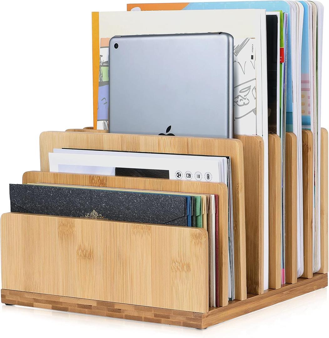 Bamboo Desk Shelf Mail Organizer,Wood 7 Slots Desk Organizers and Accessories for Document Book Mail Paper Bill Filing Tray Organizer, Office Organization File Binder Folder Holder Sorter for Desk