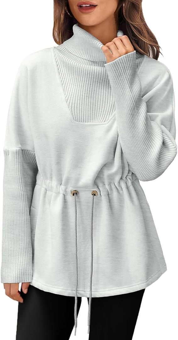 Fisoew Women's Turtleneck Sweatshirts Fleece Drawstring Waist Casual Long Sleeve Pullover Sweater Side Slit Tunic Tops (Grey)