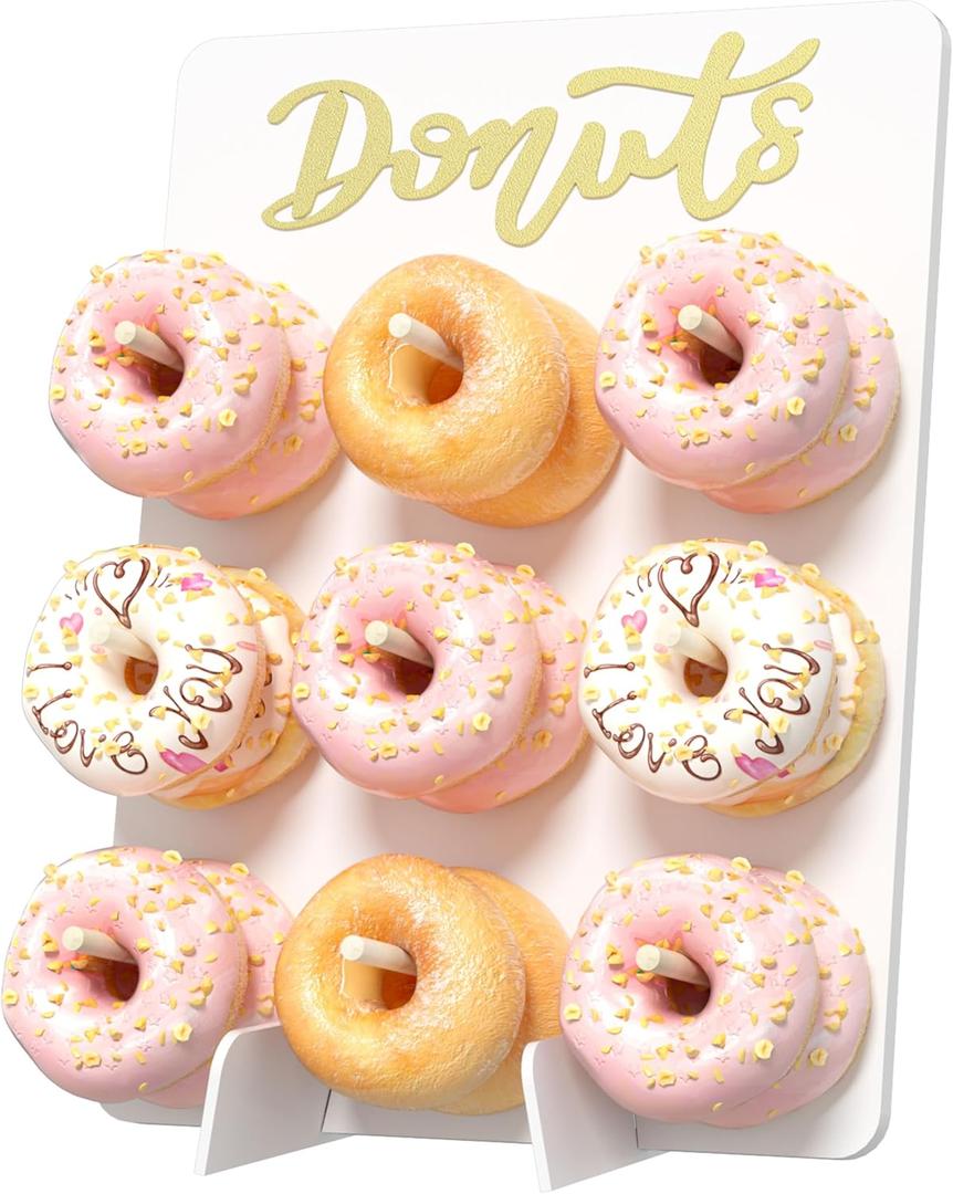 Wooden Donut Wall Display Stand - 9 Doughnut Holder Board for Grow Up Party, Birthday, Wedding, Baby Shower Decorations (White) (11.8x15.7 inch)