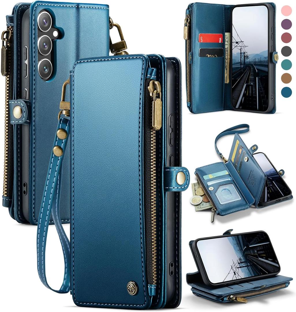 Defencase Compatible with Samsung Galaxy S24 Case Wallet with RFID Blocking Card Holder for Women Men, PU Leather Magnetic Snap Flip Zipper Strap Wallet Phone Case Fit for Galaxy S24 5G 6.2", Blue