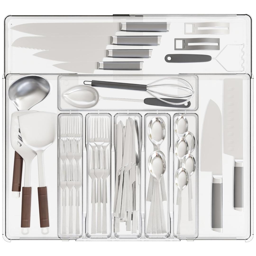 Clear Expandable Silverware Organizers for Kitchen Drawers,Large BPA Free Cutlery Organizer in Drawer,Plastic Utensil Drawer Organizer Suitable as Flatware,Knife,Fork,Spoon,Silverware Holder and Tray