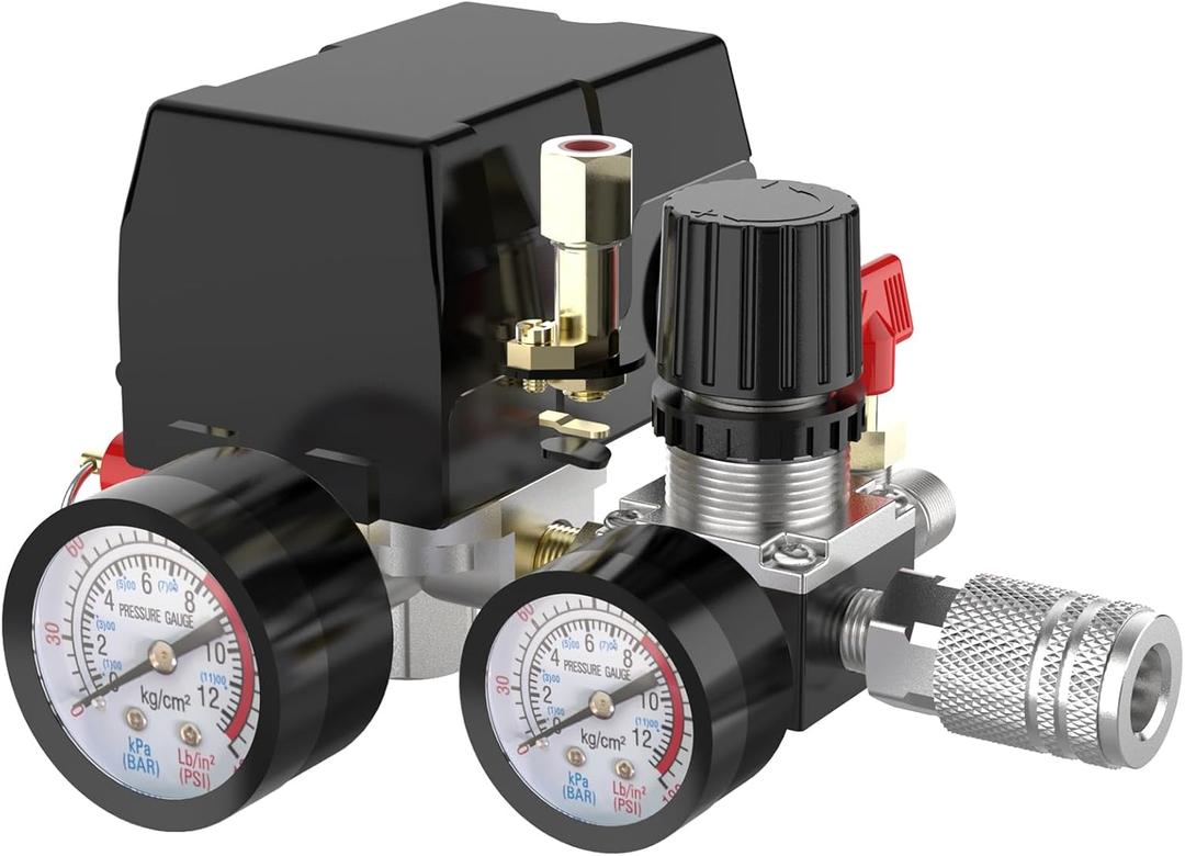 Air Compressor Pressure Switch Control Valve, cnaodun 90-120 PSI Air Compressor Switch Equips Four-Port Pressure Regulator Gauge 1/4 NPT Thread