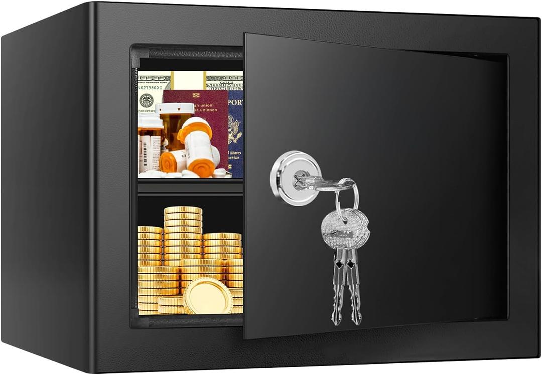 1.3 Cubic Feet Fireproof Safe Box with Key Lock, Hidden Steel Security Box with Removable Shelf for Cash, Jewelry, Passports and Medications, Personal Safes for Home/Office, 9.84"D x 13.78"W x 9.84"H
