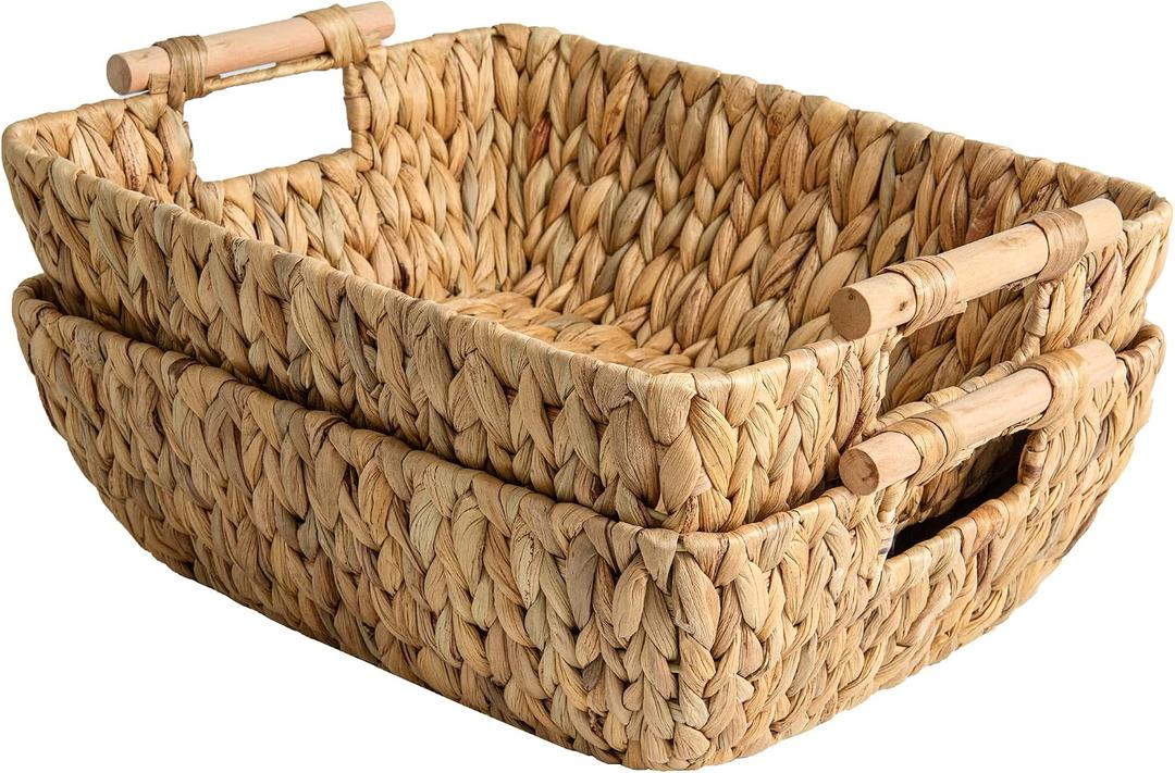 StorageWorks Hand-Woven Storage Baskets with Wooden Handles, Water Hyacinth Wicker Baskets for Organizing, 2 Pack