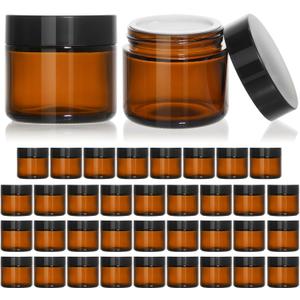 KEYWING 2oz Small Glass Jars, 35 Pack Amber Glass Cosmetic Jars with Black Lids, Round Sample Container with Inner Liners for Cream, Lotions, Powders and Ointments