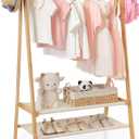 Foldable Kids Clothing Rack - Dress Up Storage with 2 Fabric Shelves, Bamboo Small Clothes Rack for Hanging Organizer, Kids Costume Wardrobe & Dress Up Rack for Bedroom, Playroom, Nursery (Natural)