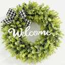 20 Inch Boxwood Wreath for Front Door with Welcome Sign & Sash, Farmhouse Outdoor Wreath, Artificial Spring Summer Greenery Wreath for Indoor Wall Hanging Window Wedding Home Decor