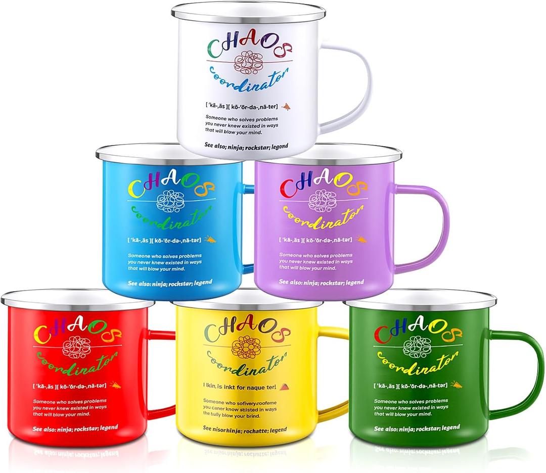Nuogo 6 pcs Chaos Coordinator Coffee Mug 12 oz Enamel Drinking Cups Funny Cute Chaos Coordinator Mug Gift for Women Men Her Mom Sister Teacher Coworkers
