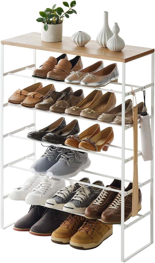 YAMAZAKI Home Six-Tier Shoe Organizer Tall Slim Shoe Rack for Entryway Or Closet, Narrow Metal Shoe Storage with Wooden Top, Steel, White, Easy Assembly, 34" - Steel - Holds 18 to 21 Shoe