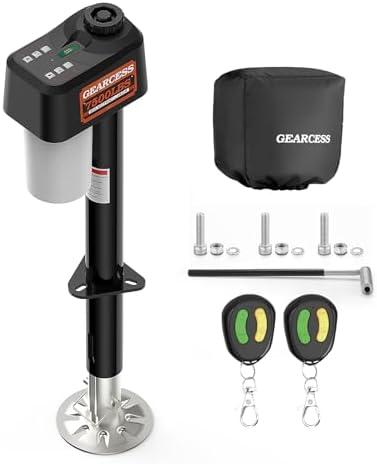 GEARCESS 7500LBS Electric Trailer Jack with Remote Control, RV Electric Tongue Jack with Built-in Spirit Level for Travel Trailer, 10.24-33.46 Inch Extended,IP65 Waterproof Buttons,5.9 Inch Foot Pad
