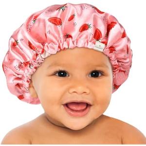 YANIBEST Baby Satin Bonnet Sleep Cap - Double Layer Reversible Adjustable Silky Satin Cap for Infant Toddler(6-36Months,Strawberry)