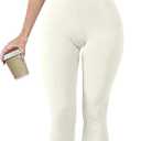 OQQ Women Yoga Jumpsuits Ribbed Crew Neck Sleeveless Bell Bottoms Flare Jumpsuits (Small, Beige)