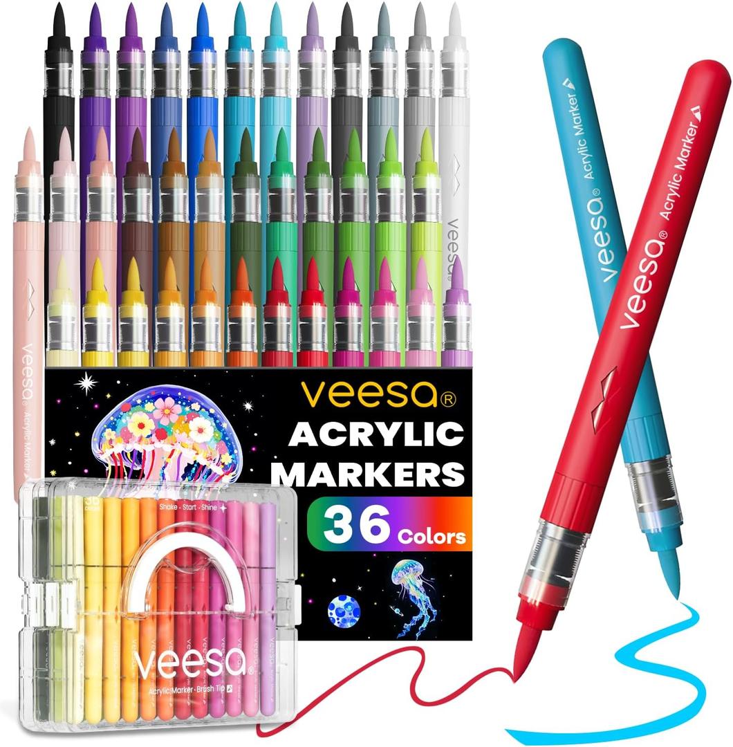 2 x VEESA Acrylic Paint Markers Brush Tip, Automatic Ink Control, 36 Colors | Water-Based Ink, Colors That Beautifully Layer, Color Coded, Storage Box Included