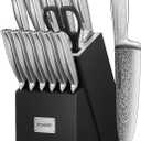 Knife Set with Block, FOHERE Stainless Steel Knife Block Set with Advanced Self Sharpening Technology, 14 Pieces Waved Texture Kitchen Knife Set, Sharp Knives with Non-slip Ergonomic Handle