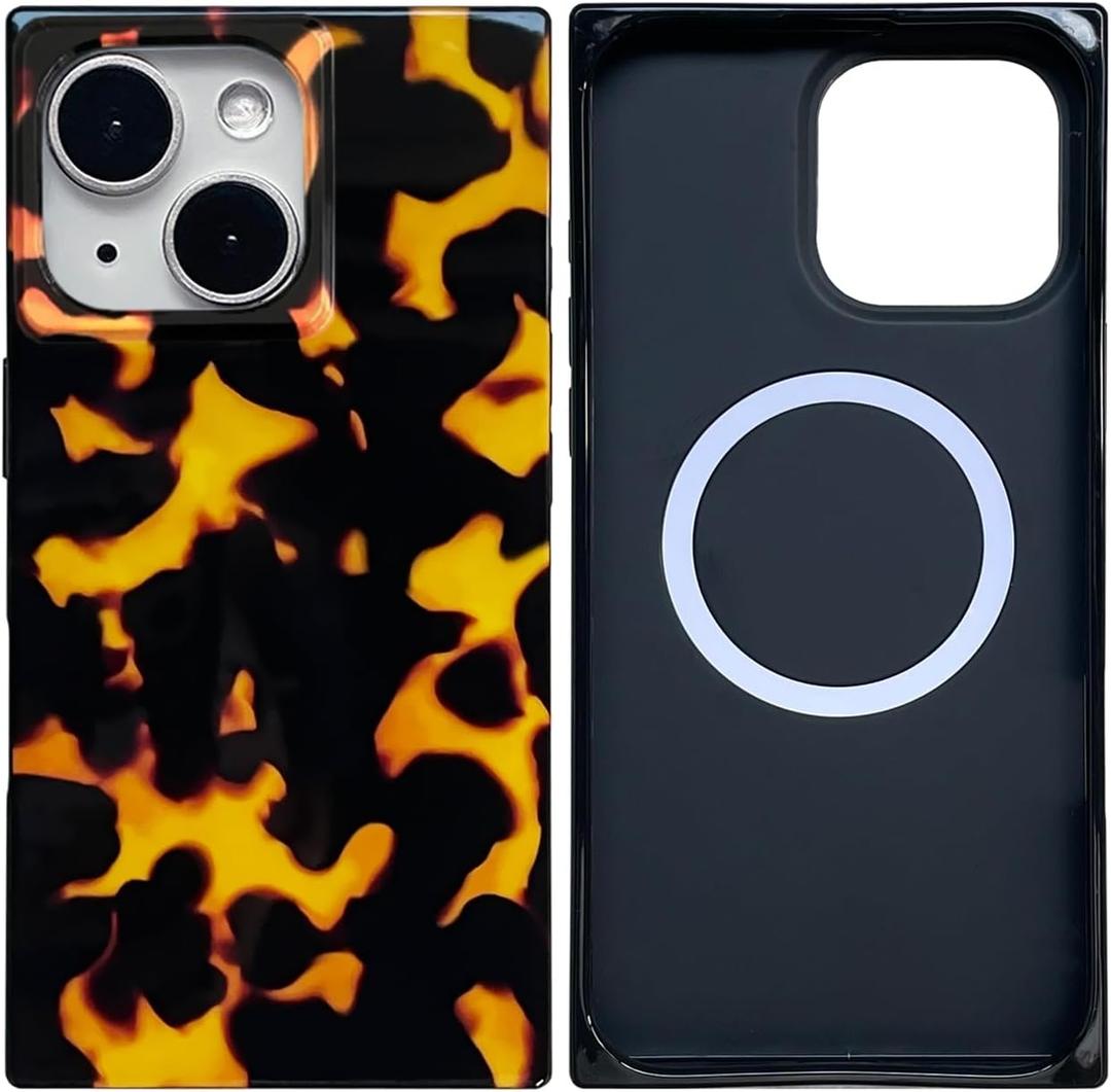 Tortoise Shell Strong Magnetic Rectangle Case for iPhone 15 6.1"[Compatible with MagSafe] Retro Amber Vintage Turtle Leopard Aesthetic Cool Protective Cover for iPhone 15 6.1in