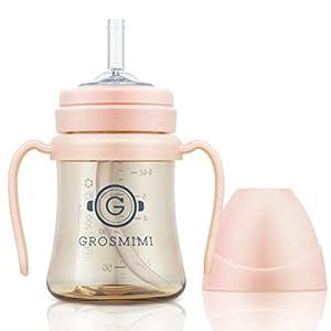GROSMIMI Spill Proof no Spill Magic Sippy Cup with Straw with Handle for Baby and Toddlers, Customizable, PPSU, BPA Free 6 oz (Peach)