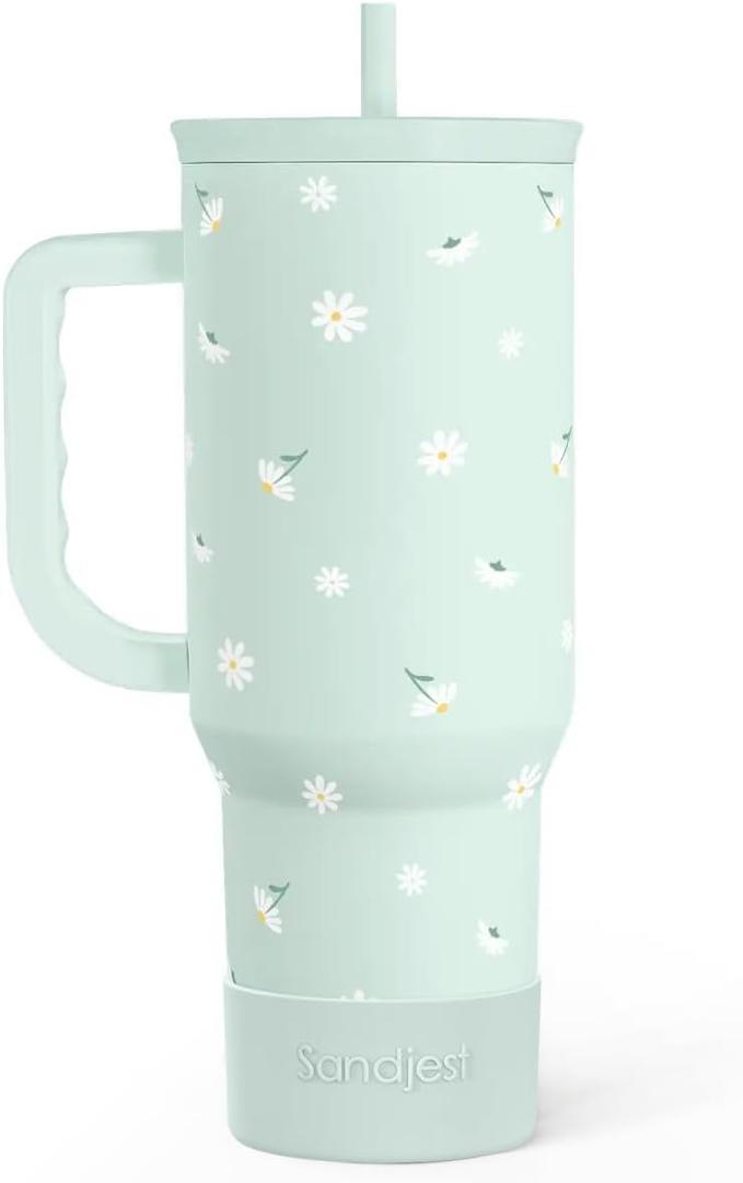 SANDJEST Daisy 40oz Tumbler with Handle and Straw  Flower Insulated Stainless Steel Travel Coffee Mug for Women Girls - Gift Idea for Birthday Christmas Mothers Day