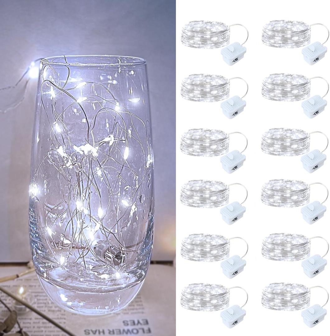 12 Pack Led Fairy Lights - White, Battery Operated LED Silver Wire String Lights, 7FT 20LED Mini Firefly Starry String Lights Waterproof Led Twinkle Lights for Mason Jar DIY Christmas Decor