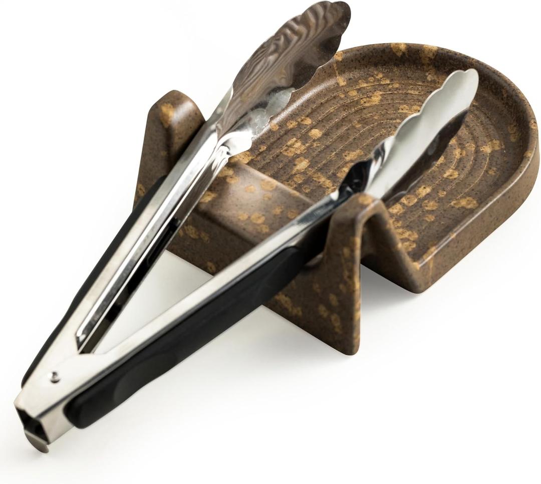 Cooking Spoon Rest with Slot or Spatula, Spoons or Tong Ceramic Spoon Rest for Countertop Heat-Resistant Spoon Rest for Stove Top Perfect Rest for Utensil and Spoon, Brown