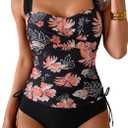 B2prity Tankini Swimsuits for Women Tummy Control Two Piece Bathing Suit High Waisted Wrap Swim Suit with Bottom Swimwear (Small, Light Pink Floral, Black)