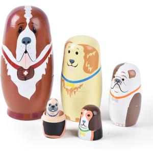 Nesting Dolls, 5Pcs 6" Tall Russian Nesting Dolls, Handmade Matryoshka for Kids, Wooden Stacking Toys for Christmas Home Wedding Party Decorations (Dog)