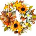 Fall Wreaths for Front Door,Sunflower Autumn Wreath with Lights,Pumpkins and Bows,for Thanksgiving Halloween Farmhouse Indoor Outdoor Outside (Yellow Sunflower)