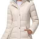 SLOW DOWN Women Winter Down Puffer Coat Warm Hooded Mid-Length Down Jacket for Women with Faux Fur Trim Hood and Pile Collar (Medium, Off-white)
